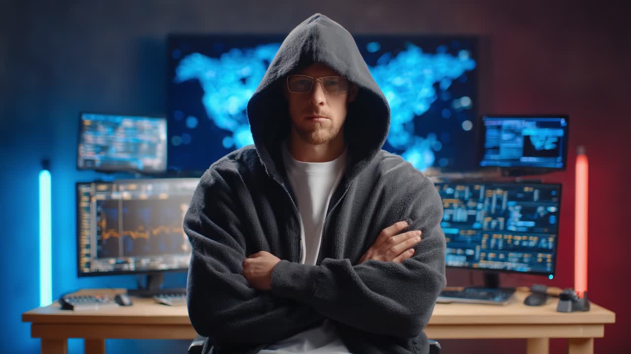 A Focused Individual in a Hoodie Surrounded by High-Tech Monitors in a Dark Room, Embodying the Modern Cybersecurity or Hacking Scene with Intense Concentration