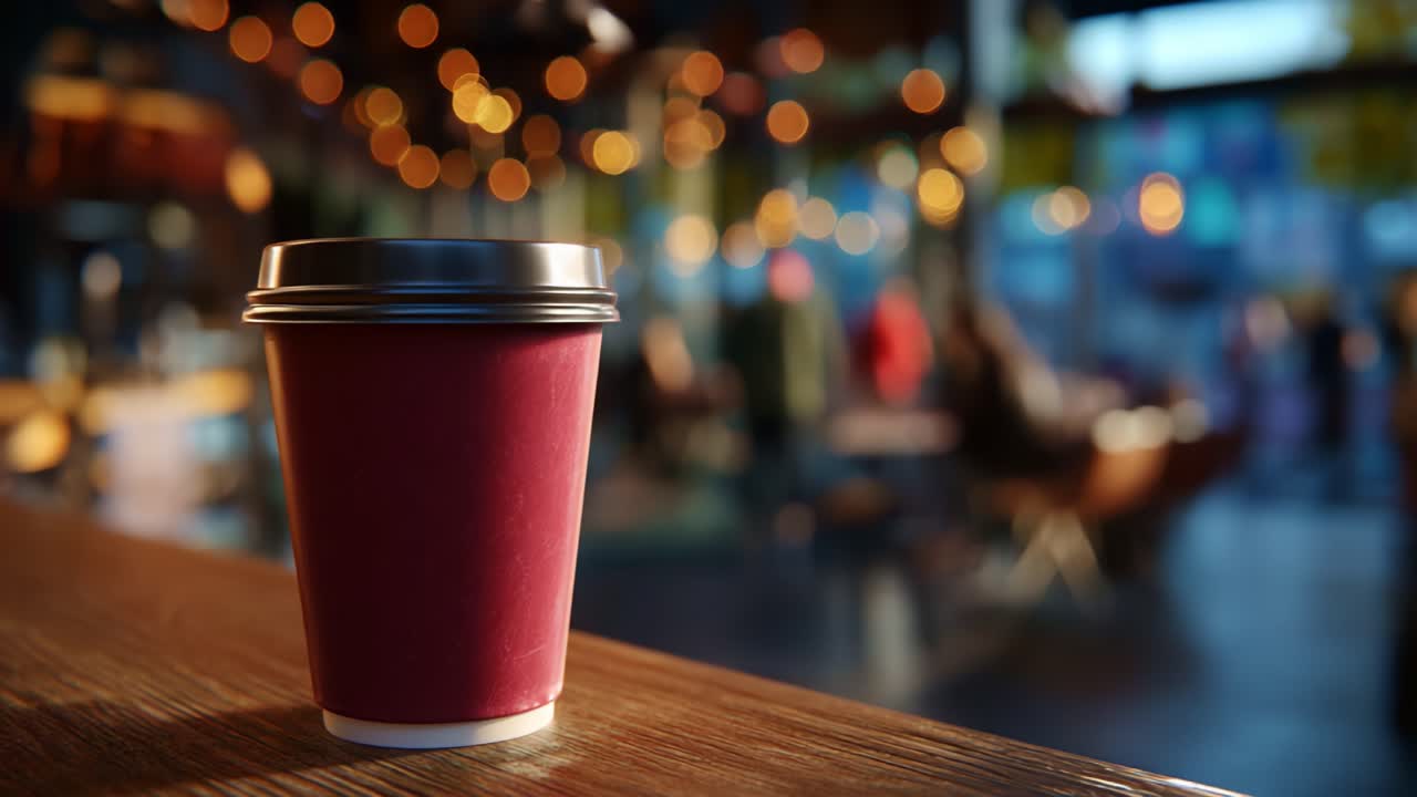 Una tazza di caffè calda su un tavolo di legno immersa in una luce soffusa, con un'atmosfera accogliente e persone che si godono il loro tempo in un ambiente rilassato da caffetteria