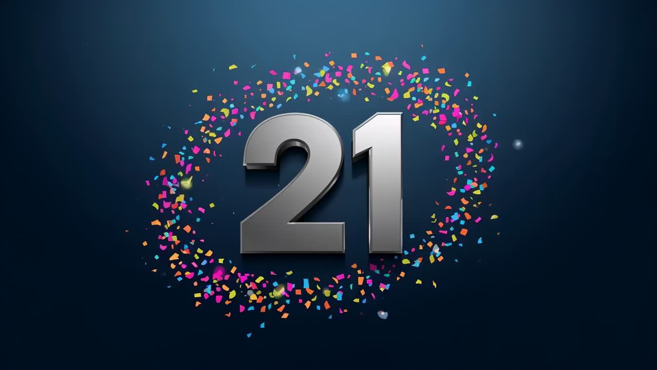 Animation starting, metal number 21 staying centered as confetti ring growing around it in studio