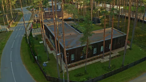 Drone-Descending-On-Structures-Surrounded-By-Pine-Trees-In-Countryside-Vacation-Destination