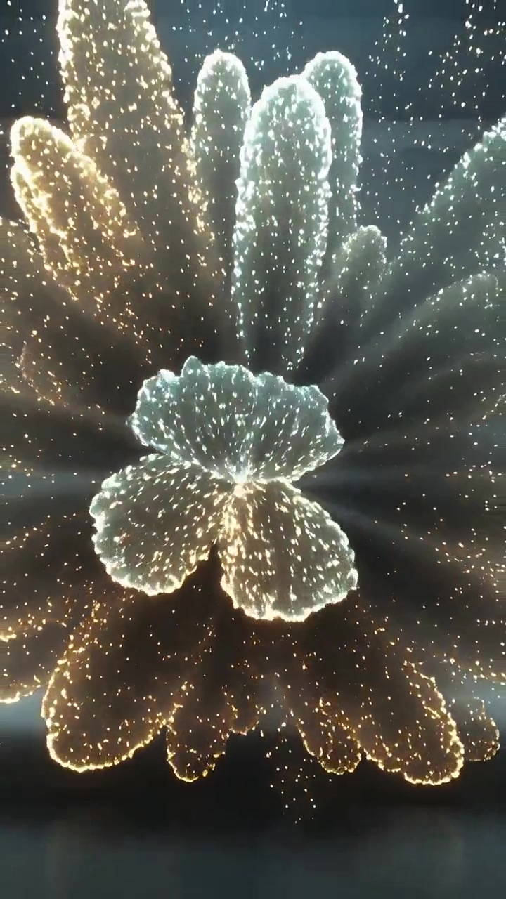 Vertical video: Morphing glowing ring filling in with streams rising in studio forming inner bloom