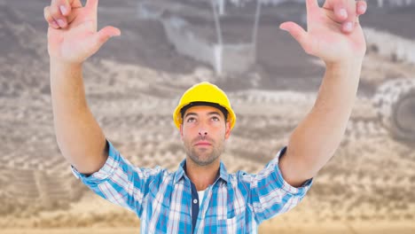 animation of caucasian construction worker over construction site