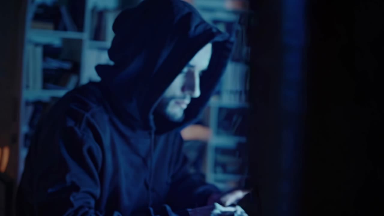 A side-angle video shot of a person in a hoodie typing on a keyboard in a dimly lit room