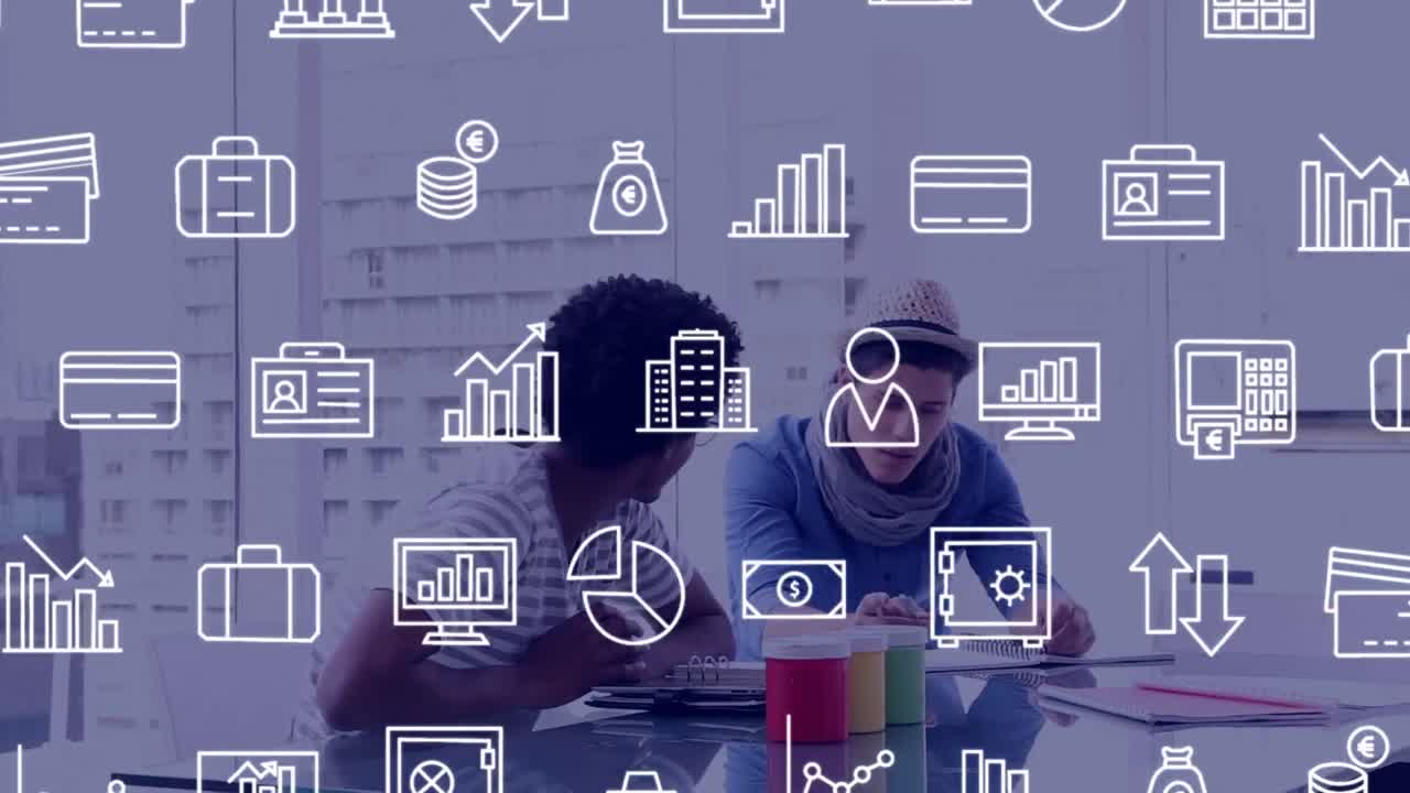 animación de múltiples iconos digitales moviéndose sobre dos hombres diferentes discutiendo en la oficina