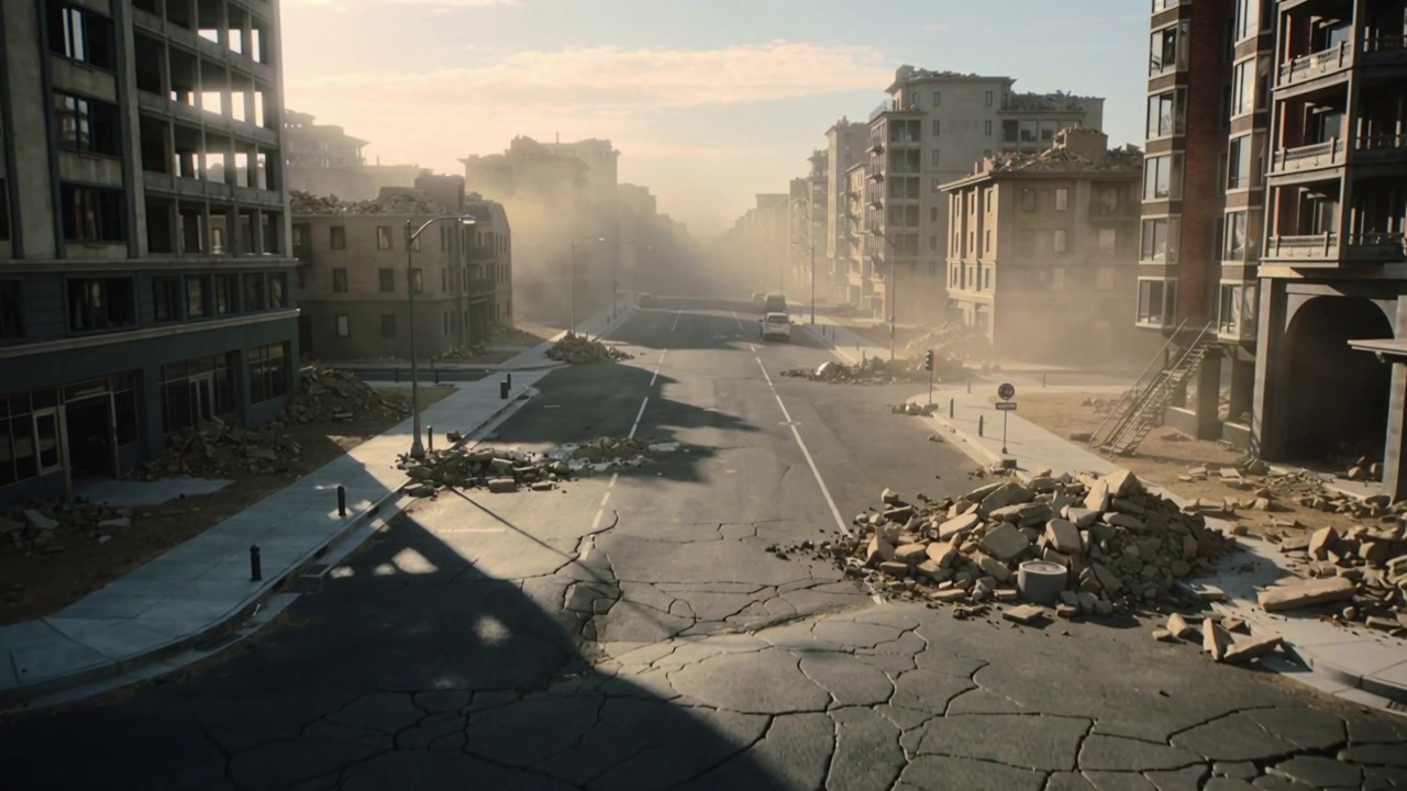 Telecamera in movimento che rivela i danni su un viale urbano con strada crepata, cumuli di macerie, furgone.