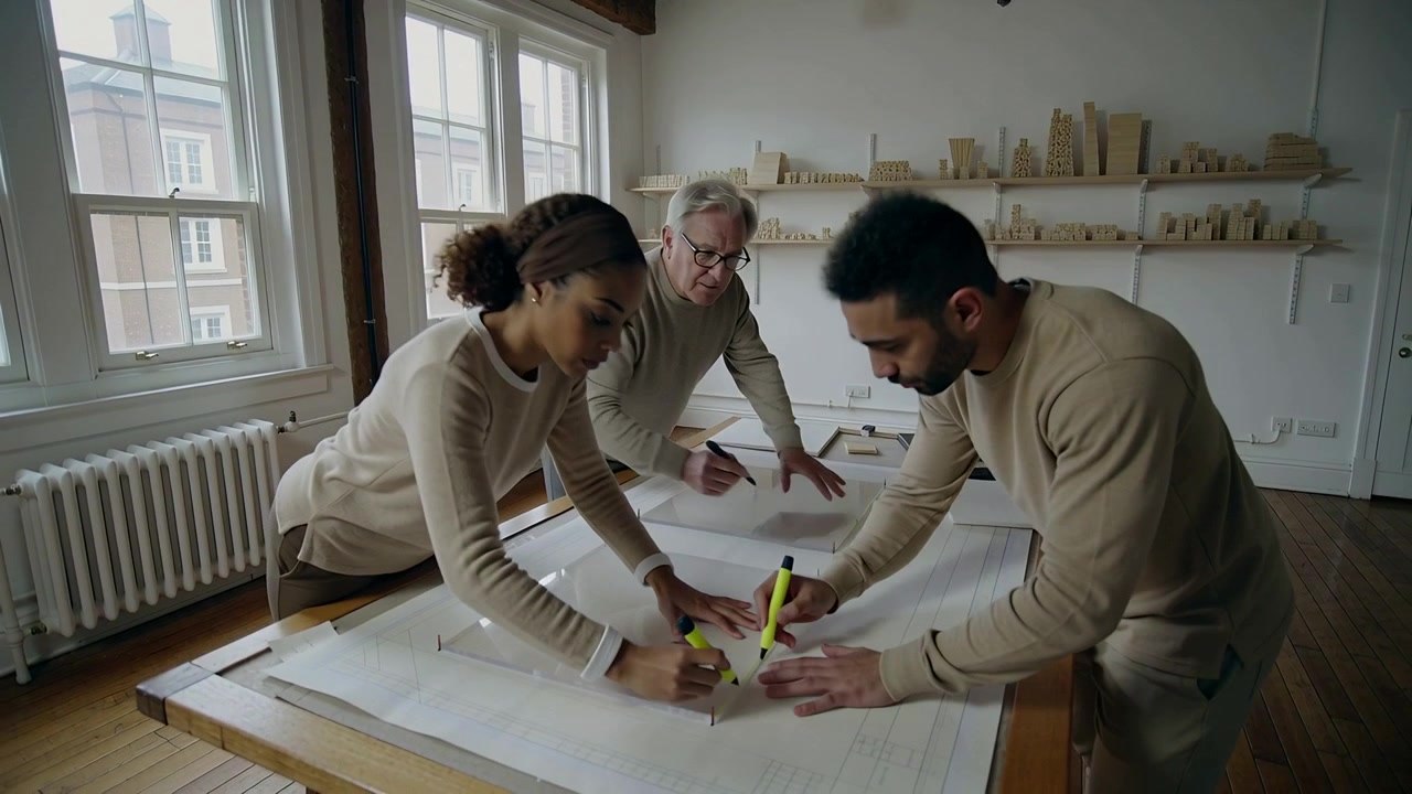 Inizio della revisione con tre designer in maglione che tracciano progetti in studio con guide e pennarelli gialli
