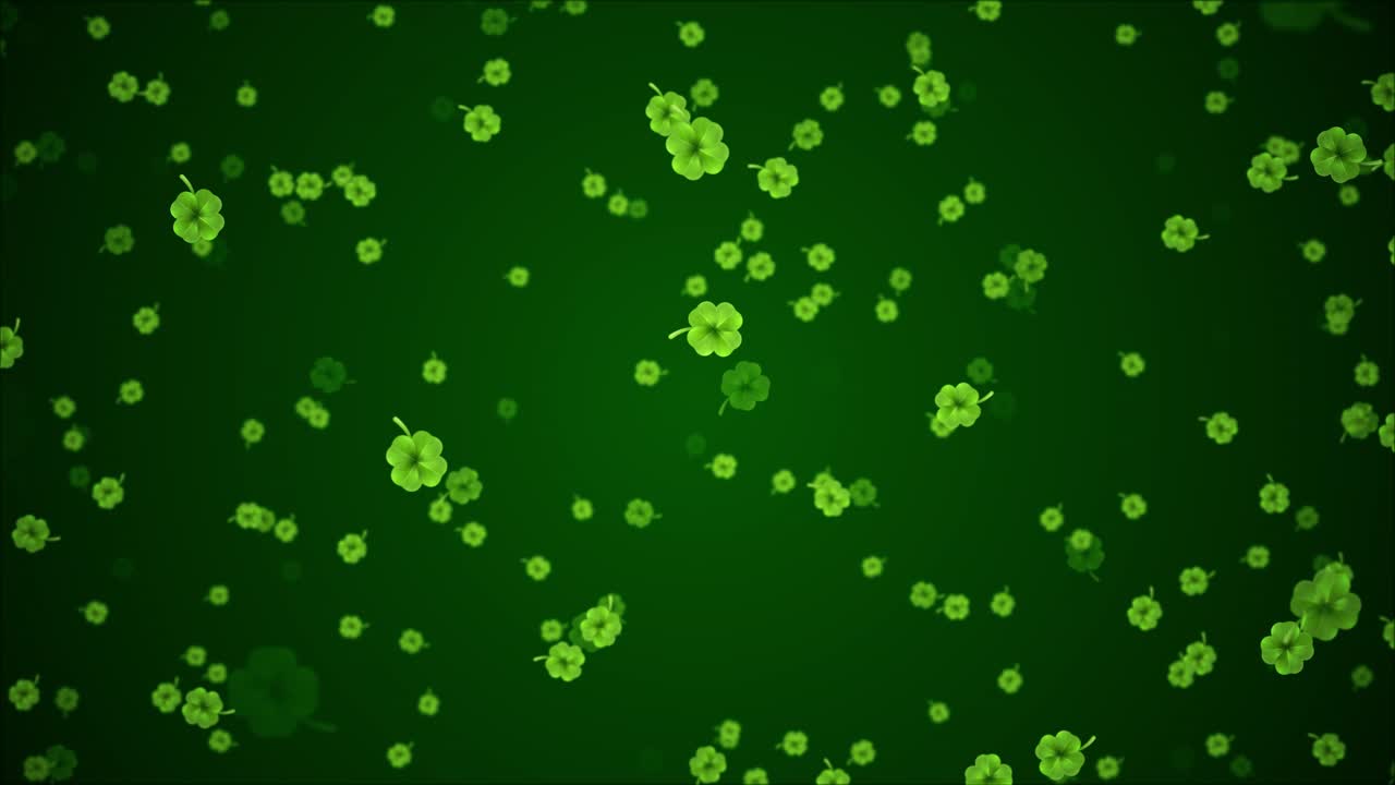 Sfondo astratto 3D Giorno di San Patrizio, trifoglio, foglie a forma di cuore che cadono su sfondo verde.