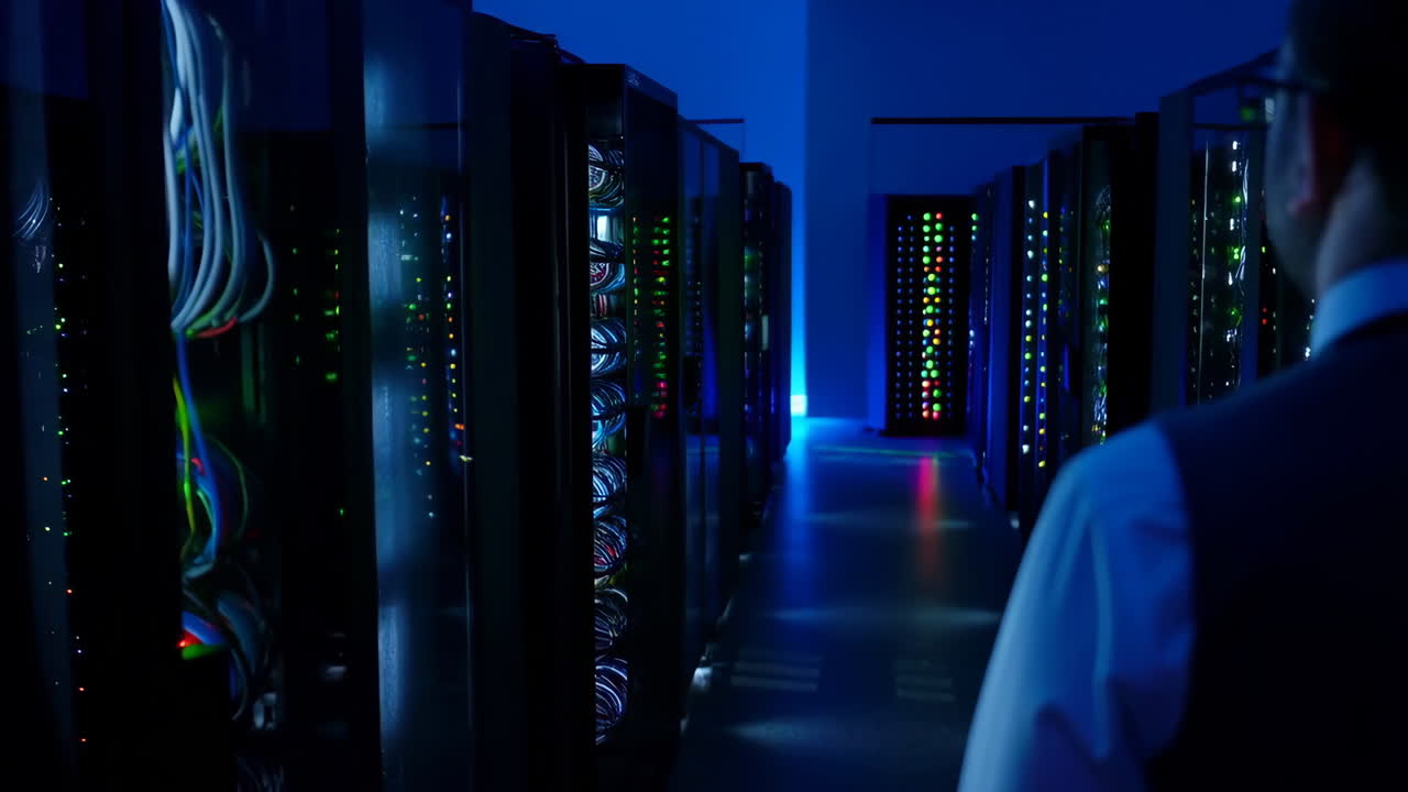 IT Professional Walks Through a Blue-Lit Data Center with Server Racks
