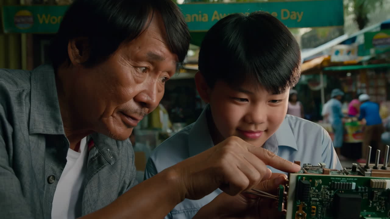 Two people working with electronics