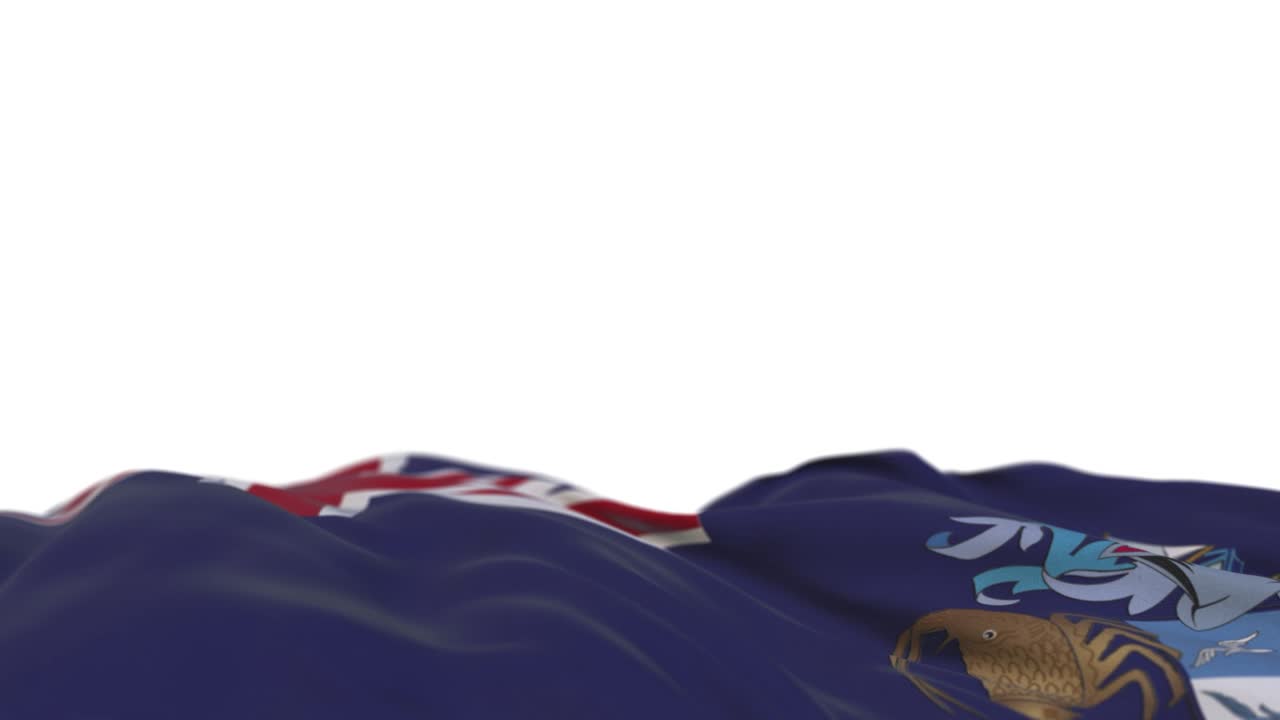 tristan da cunha bandera de tela ondeando en el bucle del viento. tristan dacunha bordado estandarte de tela cosida balanceándose en la brisa. fondo blanco medio lleno. lugar para el texto. bucle de 20 segundos.