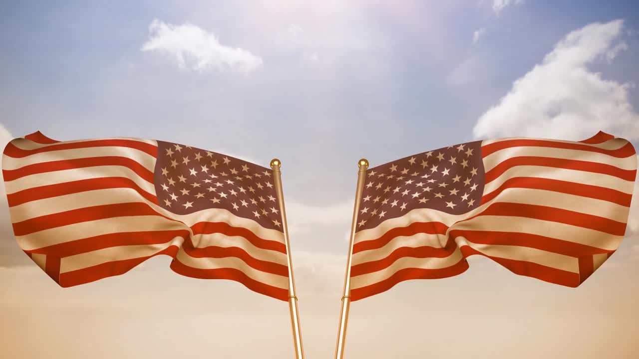Composition of two flags of united states of america over sky with clouds