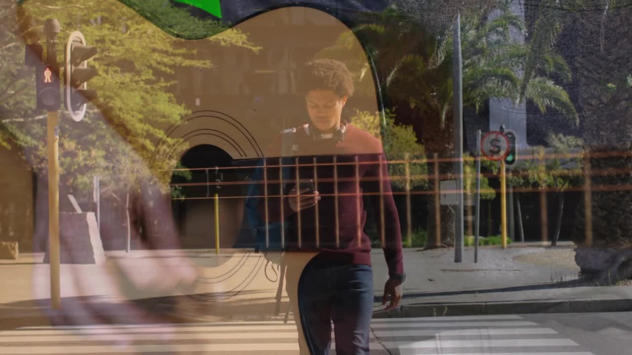 Guitar overlay accompanying commuter checking smartphone crossing signal change for tech