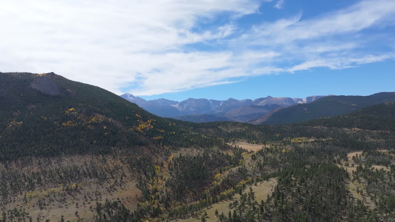 Zoom indietro aereo da uno splendido paesaggio montano del Parco nazionale delle Montagne Rocciose, Colorado