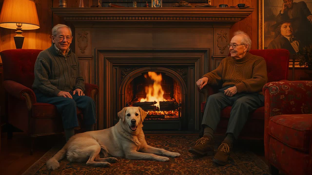 Smiling left man sparking warm exchange with companion in armchairs by fireplace, dog listening