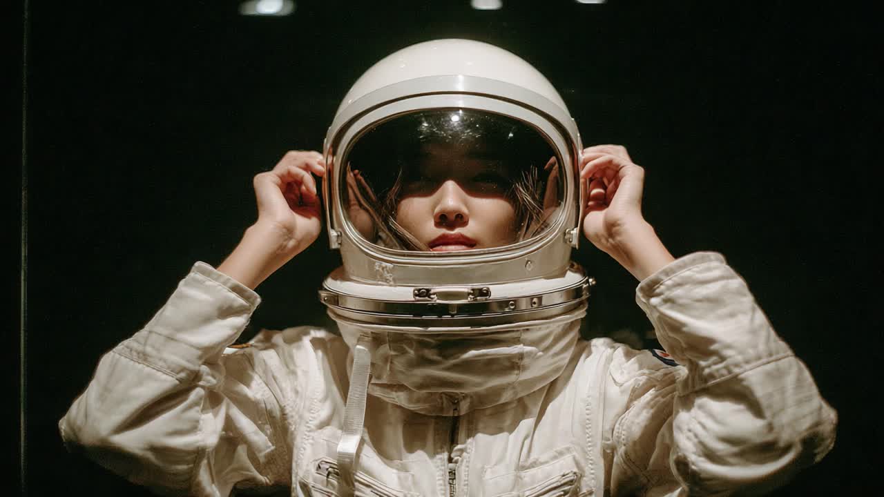 A young woman prepares to don an astronaut helmet, showcasing a moment of anticipation and excitement before embarking on an interstellar adventure or space exploration