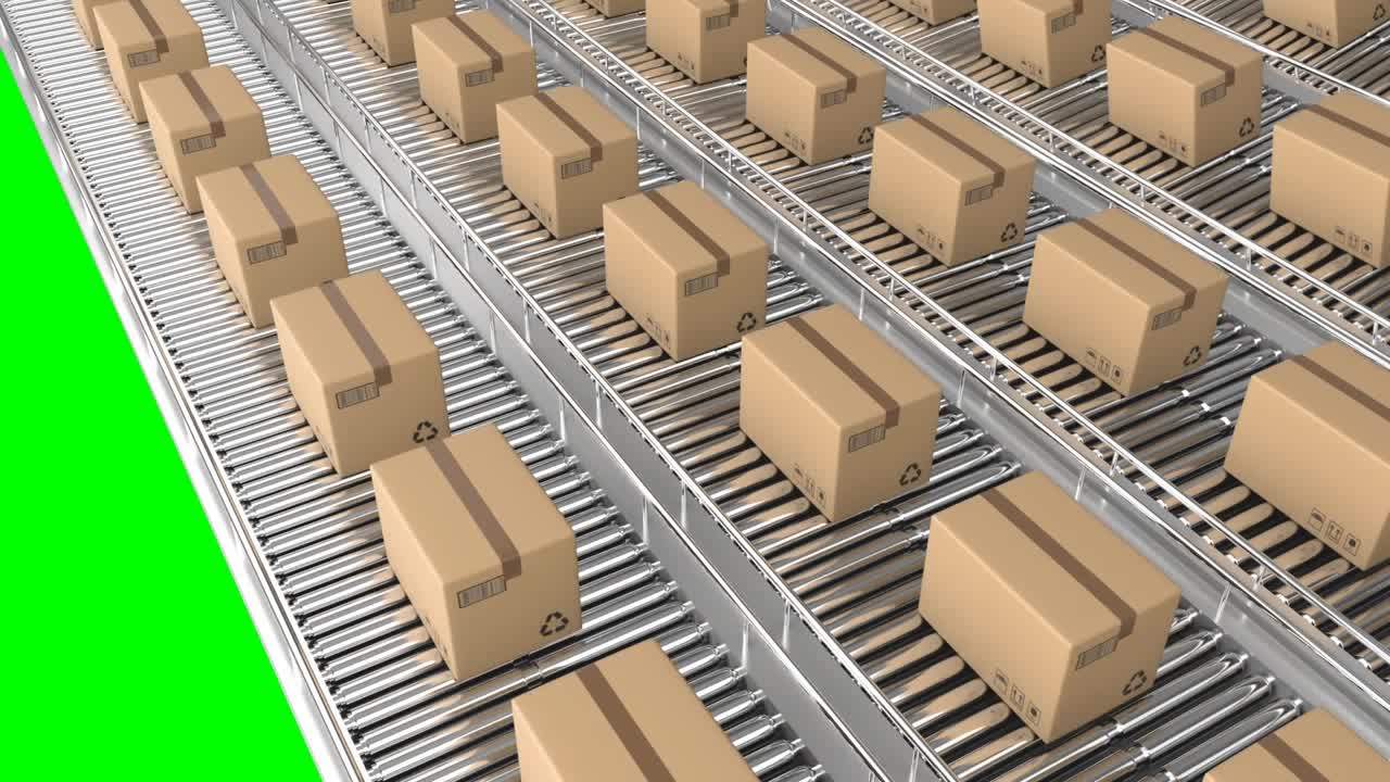Animation of cardboard boxes moving on conveyor belts against green background