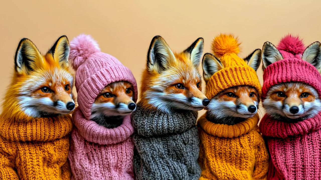 Cinq renards roux portant des vêtements d'hiver en tricot colorés. Portrait de groupe de cinq renards vêtus de bonnets en tricot et de gros pulls en laine, alignés contre un mur beige.