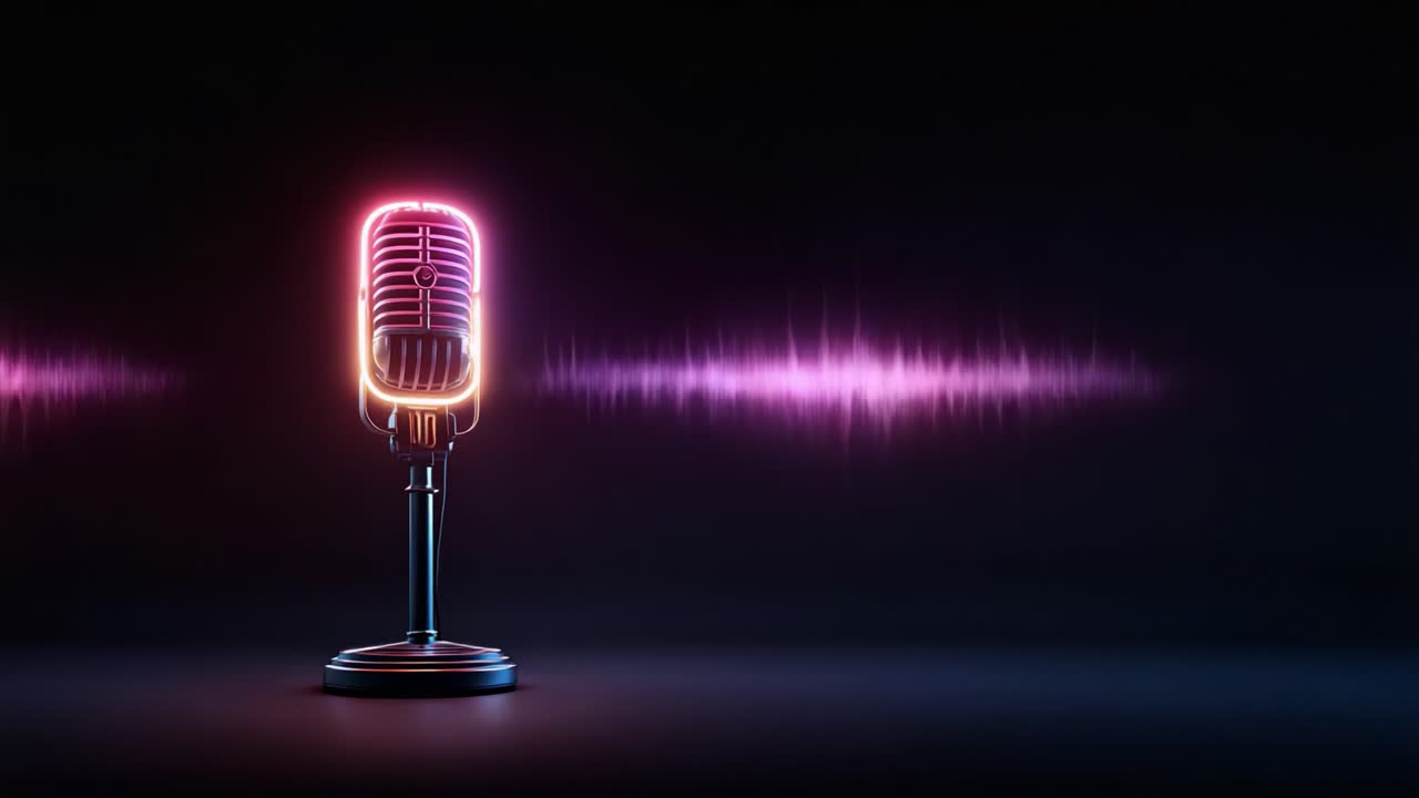 Un Microfono Neon Sfavillante si Erge su uno Sfondo Scuro, Catturando Perfettamente l'Essenza delle Onde Sonore e delle Vibrazioni Auditive nell'Era Digitale