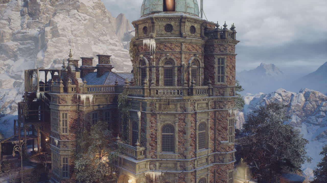 Historic mansion set against a rugged mountain landscape during winter