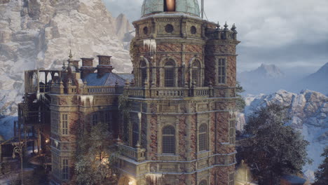 historic mansion set against a rugged mountain landscape during winter