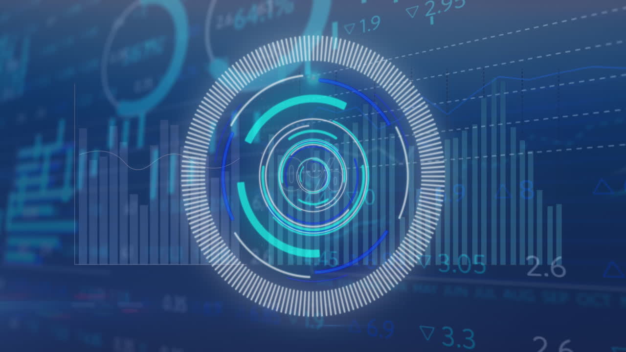animación de un escáner redondo, procesamiento de datos estadísticos y bursátiles contra un fondo azul