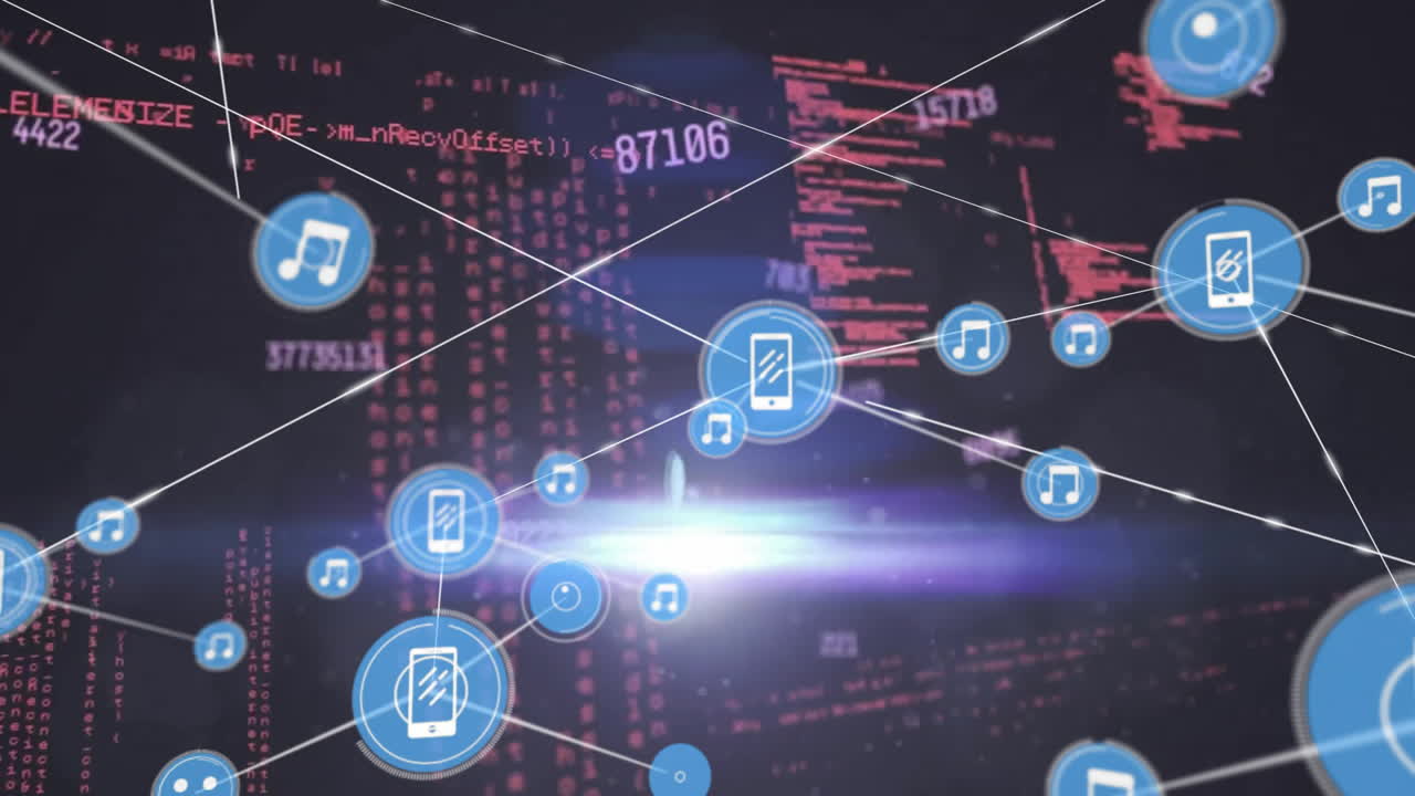 Animation of network of connections with icons over data processing on black background