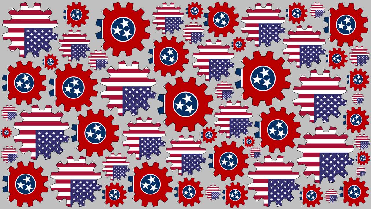 Bandiera americana e del Tennessee con ingranaggi che girano sullo sfondo.