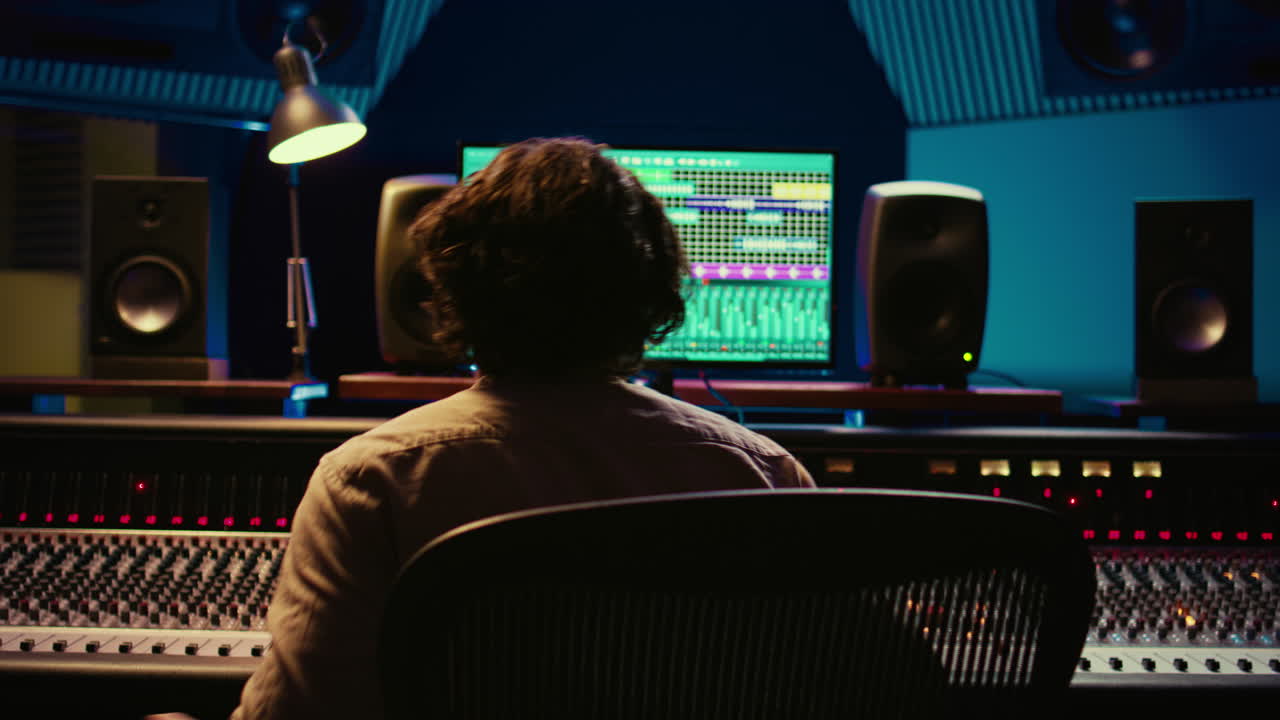 productor de música alegre y satisfecho disfrutando de su pista de alta calidad en la sala de control
