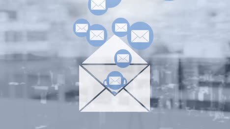 animación de los iconos de los sobres de correo electrónico sobre el paisaje urbano