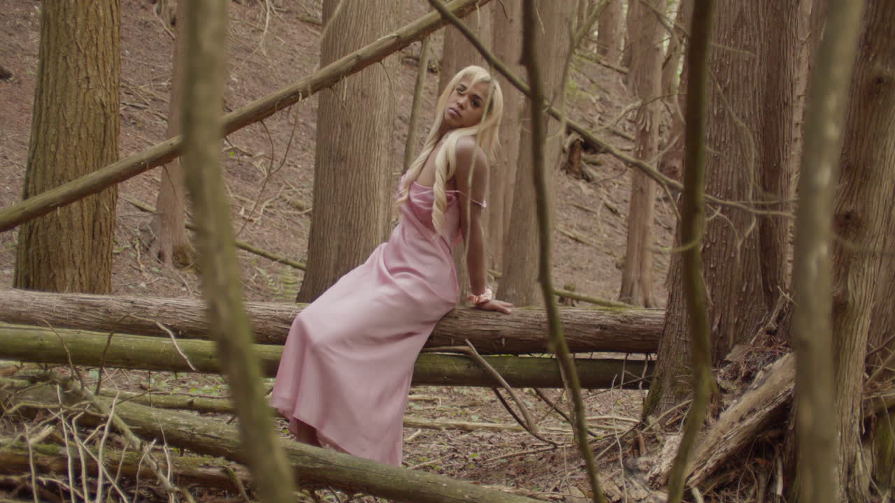 joven negra con el cabello rubio largo, se sienta en la parte superior de los troncos de árboles caídos en el bosque. ella lleva un vestido rosado, y scrunchie en su muñeca derecha. tiro ancho, cámara de mano seguimiento de lado a lado.