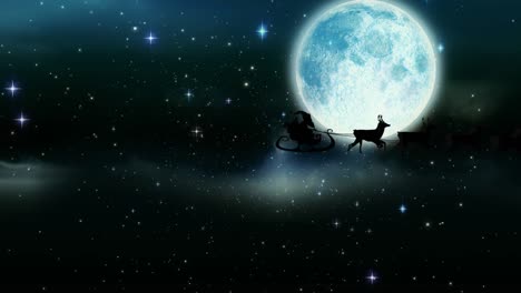 Animation-of-santa-claus-in-sleigh-with-reindeer-passing-over-moon-and-stars