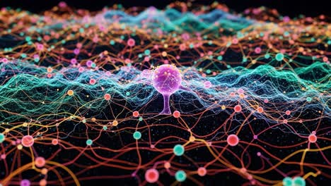 a vibrant exploration of connected networks: a stunning visualization of quantum particles interacting through a colorful web of energetic waves and electrical currents
