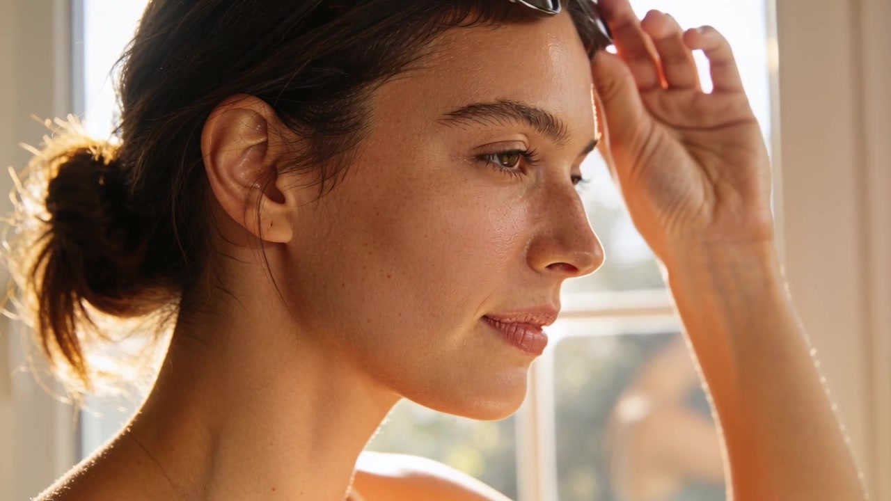 Donna avvolta in un asciugamano, che reagisce alla luce del sole alla finestra, asciugandosi il viso e sollevando gli occhiali da sole.