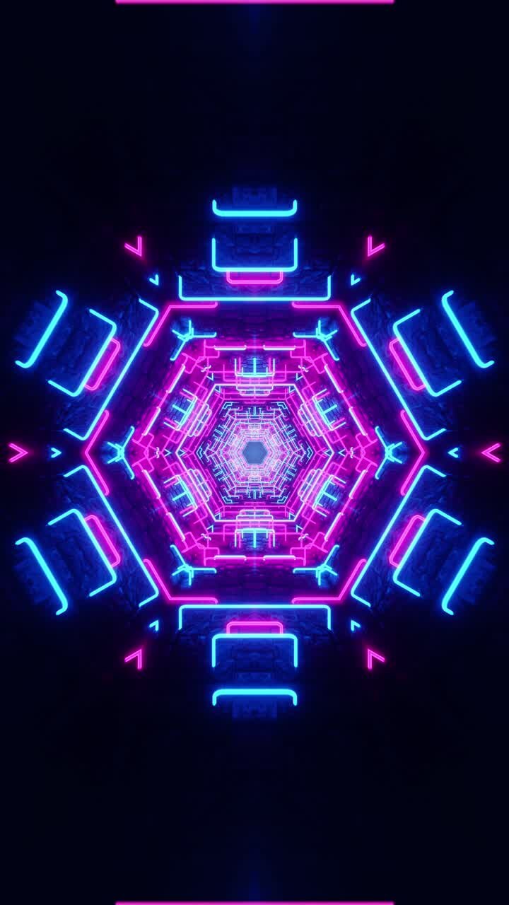 Kaleidoscope Corridor with Purple and Blue Neon Lights. Looped Animation Vertical