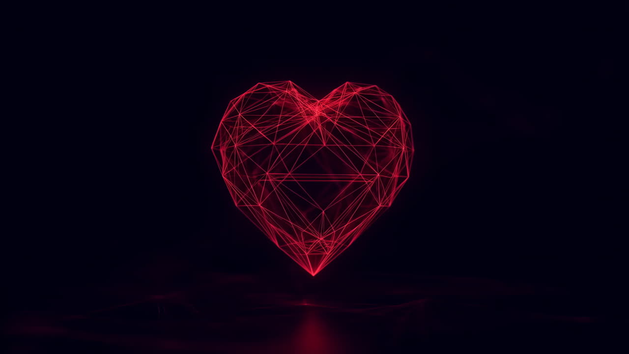 Zářící červený drátěný symbol srdce na tmavém digitálním pozadí.