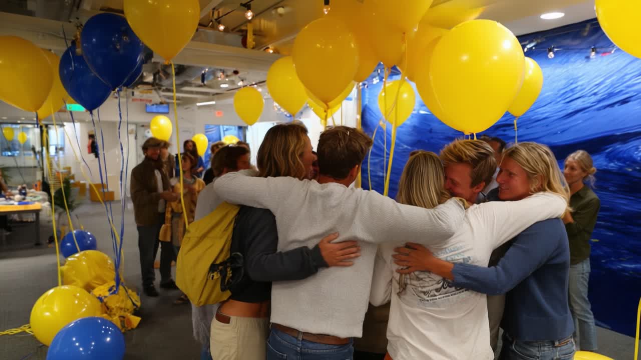A Heartwarming Gathering of Friends Celebrating Together Under Bright Yellow and Blue Balloons, Capturing the Essence of Joy and Connection in a Festive Atmosphere