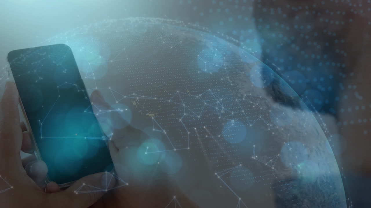 animación de la red de conexiones con el mundo a través de la mujer utilizando el teléfono inteligente