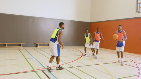 in school gymnasium, basketball players practicing teamwork and strategy together
