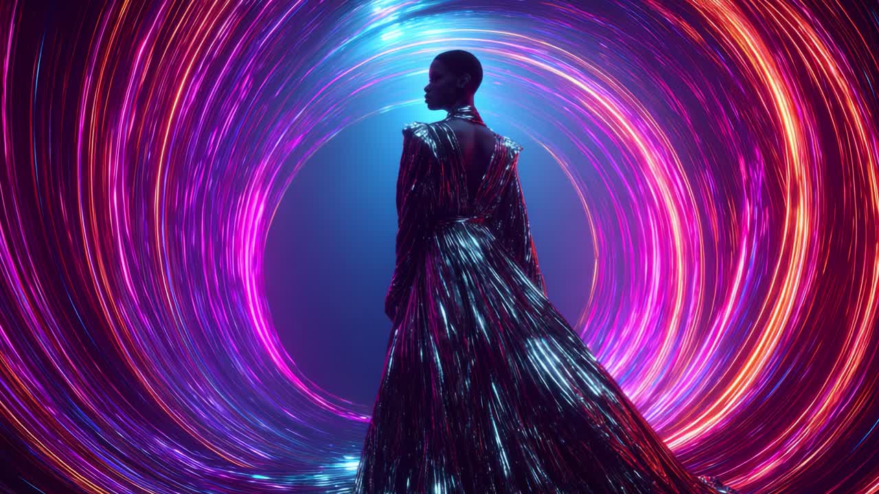 An ethereal figure stands gracefully in a mesmerizing vortex of colorful light and energy, showcasing an exquisite gown that shimmers vibrantly against the dynamic backdrop