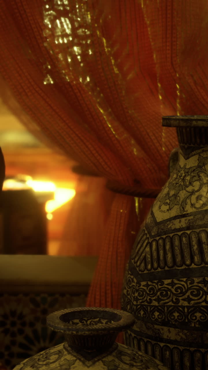 Intricate artifacts and warm lighting in a cultural interior