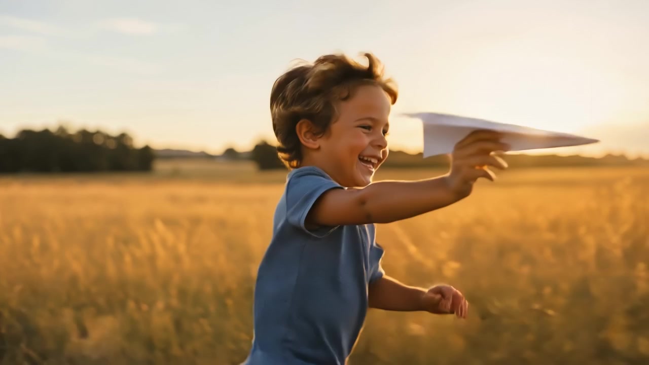 Happy young boy playing outdoors in a golden wheat field during a beautiful sunset