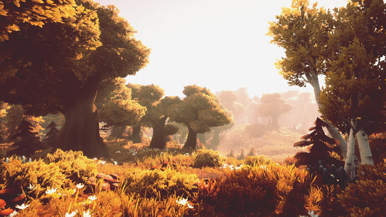 만화의  ⁇ 빛이 나무들을 가로질러 흐르고 있습니다.