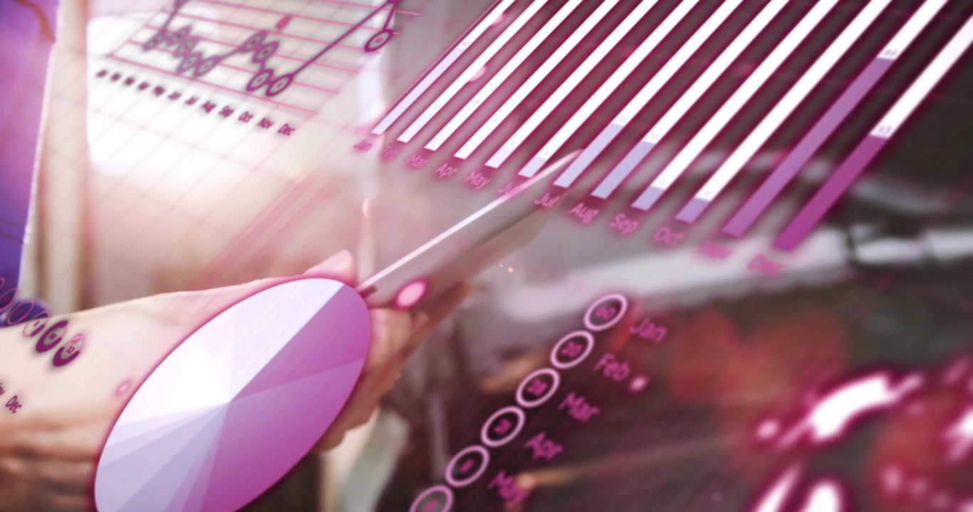 Hands tapping tablet swiping and rotating while pink overlays changing into month charts for review