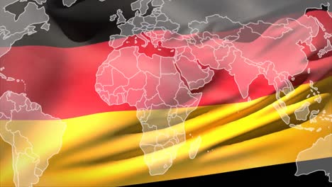 animation of world map over waving germany flag against black background