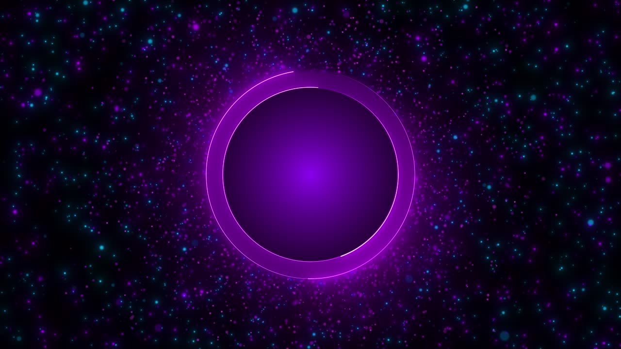 Video footage of glowing pink neon round surrounded by scattering particles creating futuristic