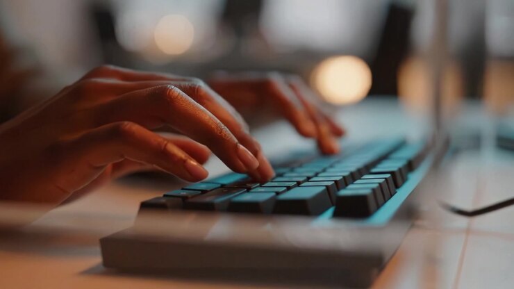 Fokussierte Hände tippen auf einer Tastatur in einem modernen Arbeitsbereich, was die Verbindung zwischen Technologie und Produktivität in einer komfortablen Umgebung hervorhebt.