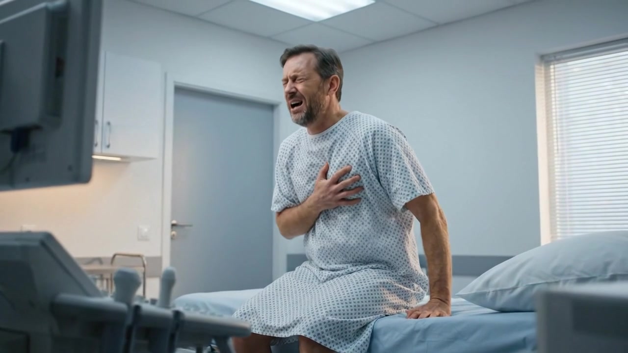 Male patient in hospital gown clutching his chest while seated on examination bed