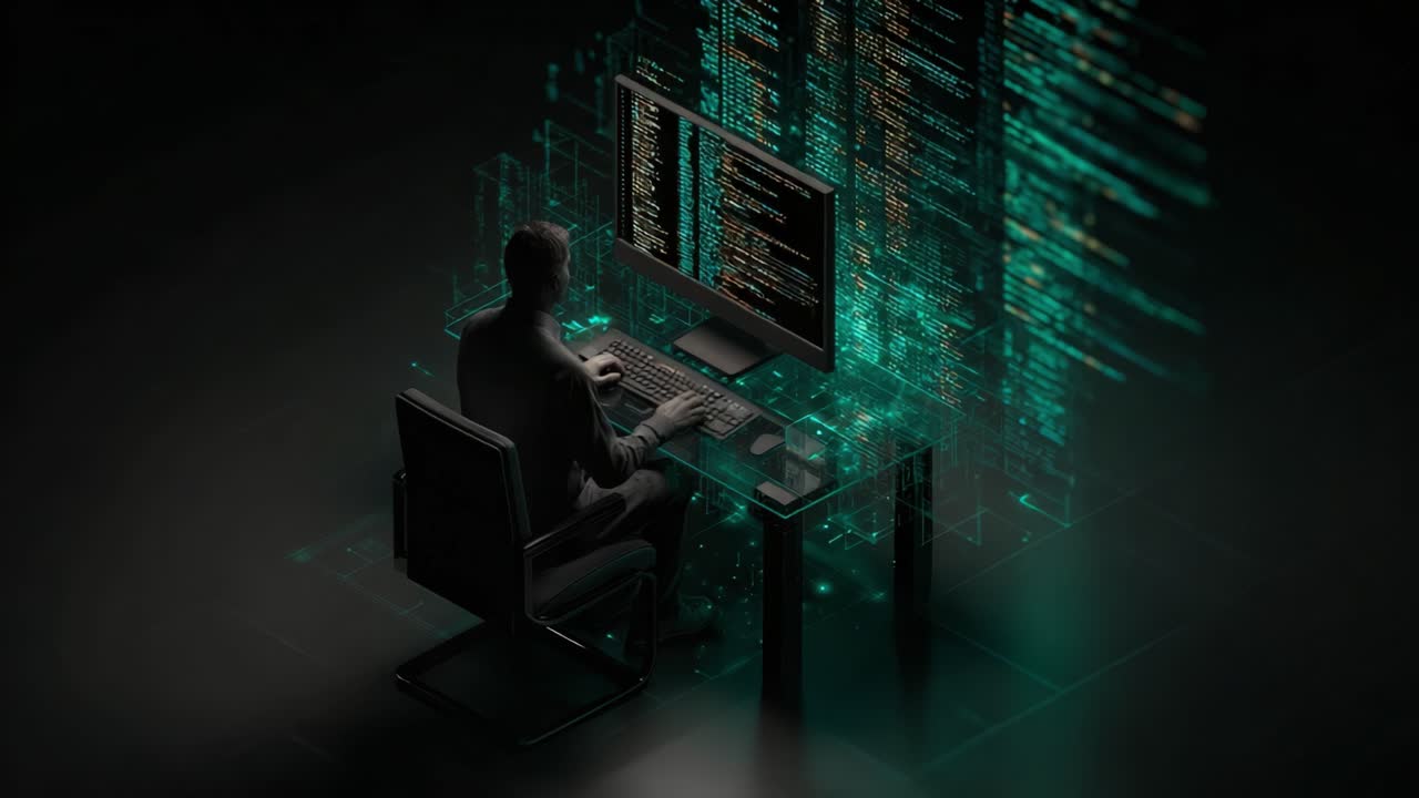 A Programmer Engaged in Coding Surrounded by Streams of Data Representing Complex Algorithms and Technology in a Dark, Futuristic Environment