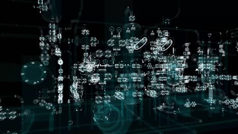 industrial technology concept. particle hologram industrial equipment, valves, pipes and sensors