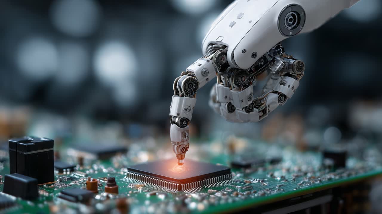 A robotic hand delicately interacts with a microprocessor on a circuit board, showcasing advanced technology and precision engineering in the field of robotics and electronics